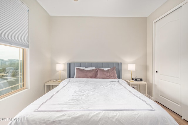 bedroom featuring light hardwood / wood-style floors and a closet