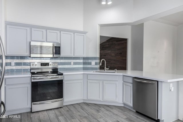 kitchen with backsplash, white cabinets, sink, appliances with stainless steel finishes, and kitchen peninsula