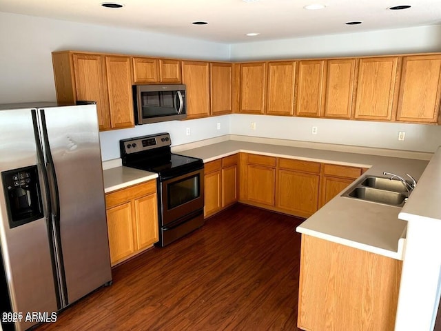 kitchen with stainless steel appliances, dark hardwood / wood-style floors, and sink