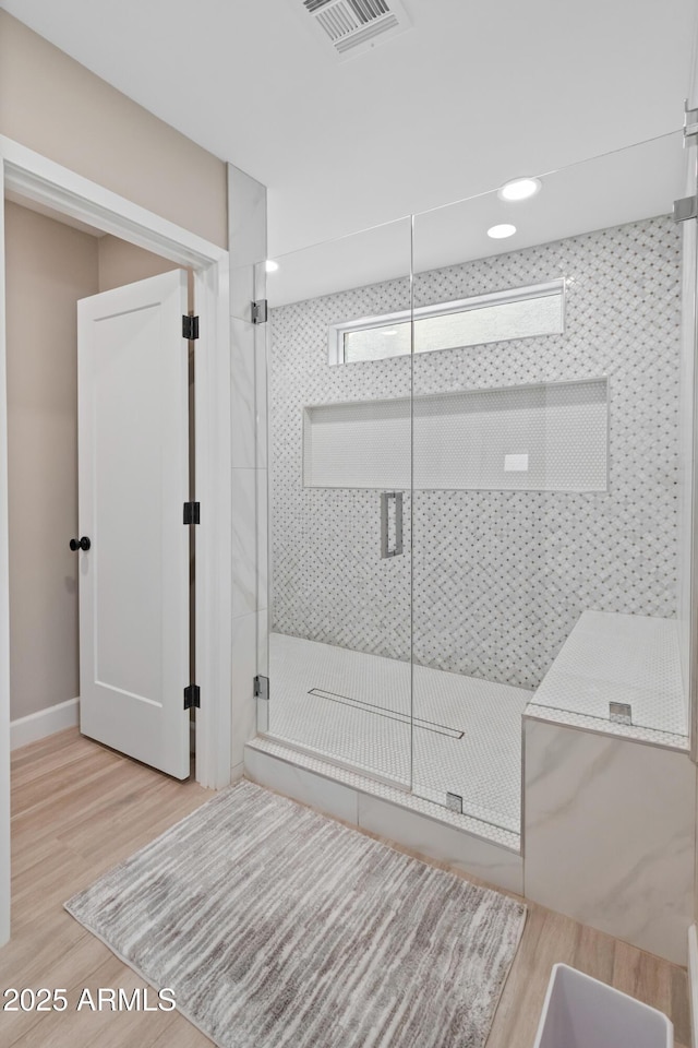 6220 E Paradise Ln, Scottsdale, AZ 85254 - bathroom with wood finished floors, a shower stall, and recessed lighting