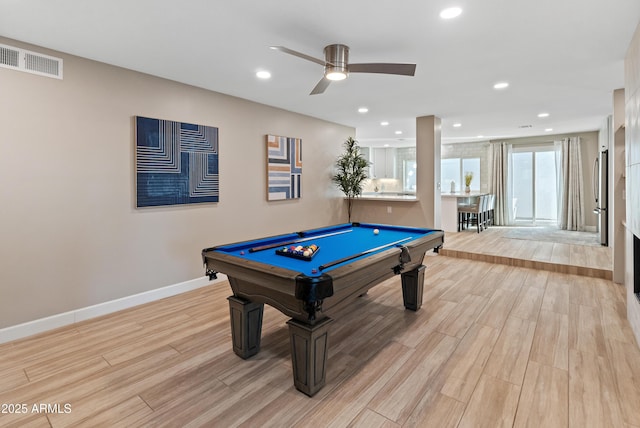 6220 E Paradise Ln, Scottsdale, AZ 85254 - recreation room featuring light wood-type flooring, baseboards, billiards, a ceiling fan, and recessed lighting