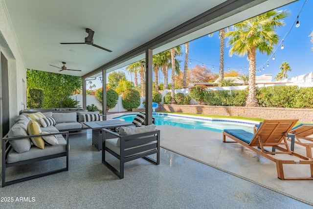 6220 E Paradise Ln, Scottsdale, AZ 85254 - view of patio / terrace featuring outdoor lounge area, a fenced backyard, and ceiling fan