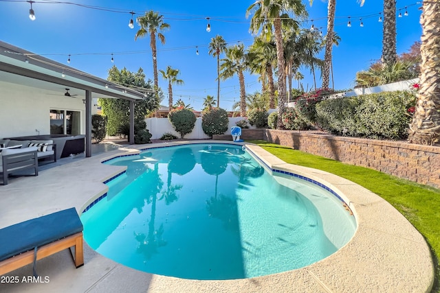 6220 E Paradise Ln, Scottsdale, AZ 85254 - view of pool featuring a fenced backyard, a ceiling fan, and a patio area