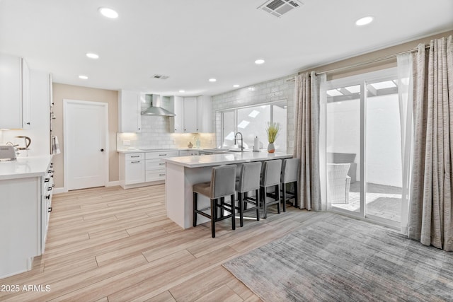 6220 E Paradise Ln, Scottsdale, AZ 85254 - kitchen with wall chimney range hood, white cabinets, a kitchen breakfast bar, light countertops, and a peninsula