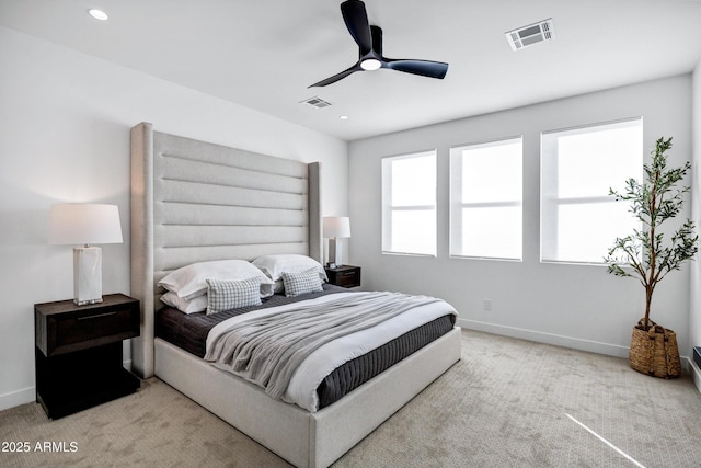 carpeted bedroom featuring ceiling fan