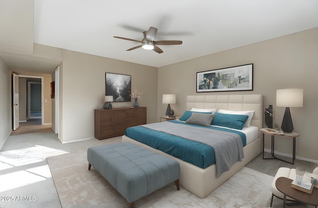 bedroom featuring light carpet and ceiling fan