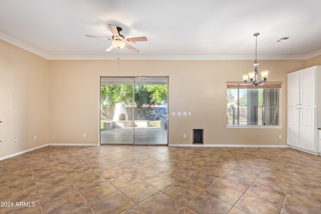 unfurnished room with crown molding, ceiling fan with notable chandelier, and a wealth of natural light