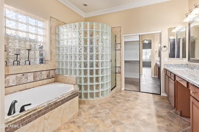 bathroom featuring vanity, crown molding, and plus walk in shower