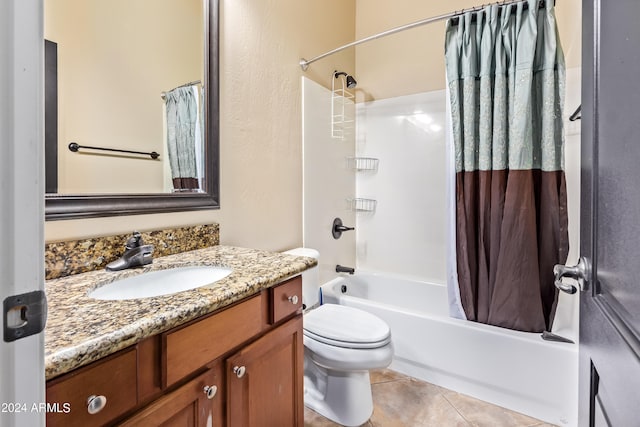 full bathroom with vanity, tile patterned flooring, toilet, and shower / bathtub combination with curtain