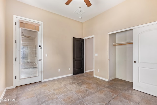 unfurnished bedroom with a closet and ceiling fan