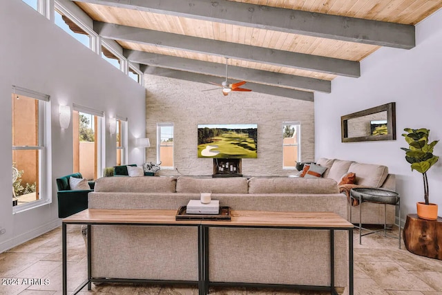 living room featuring beamed ceiling, wood ceiling, high vaulted ceiling, and ceiling fan