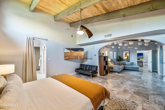 bedroom featuring beamed ceiling, ceiling fan, a towering ceiling, and wooden ceiling