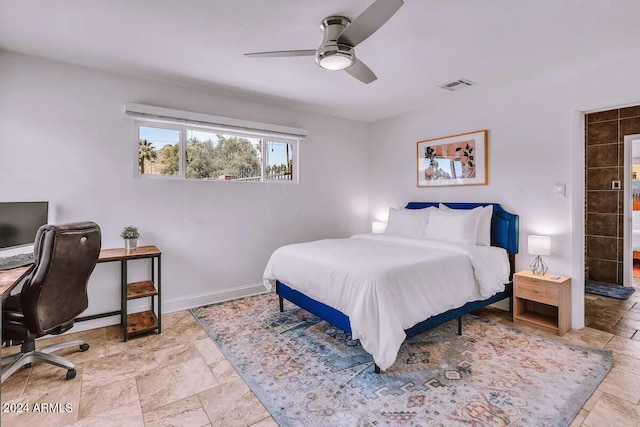 bedroom with baseboards, a ceiling fan, and visible vents