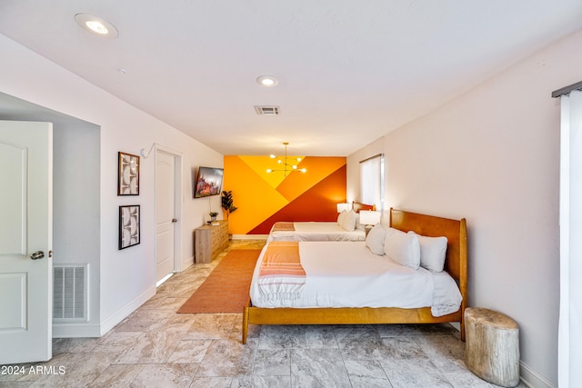 bedroom featuring baseboards, a notable chandelier, visible vents, and recessed lighting