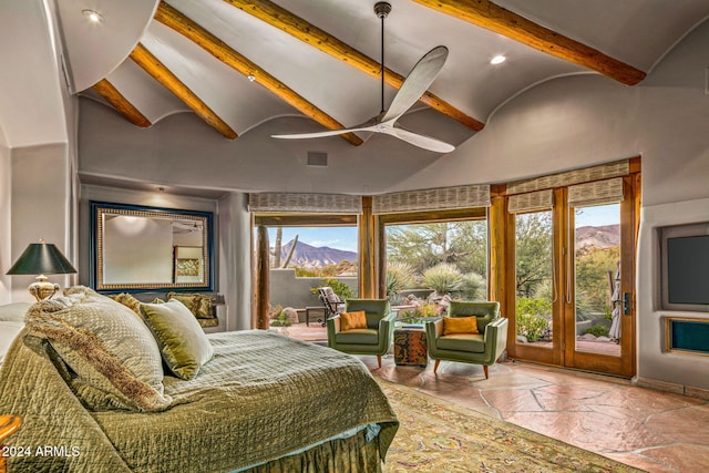 bedroom featuring access to outside, vaulted ceiling with beams, a mountain view, and ceiling fan