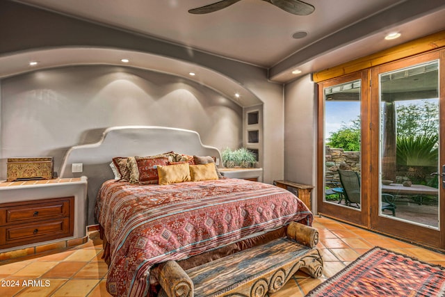 bedroom featuring ceiling fan, access to exterior, and light tile patterned floors