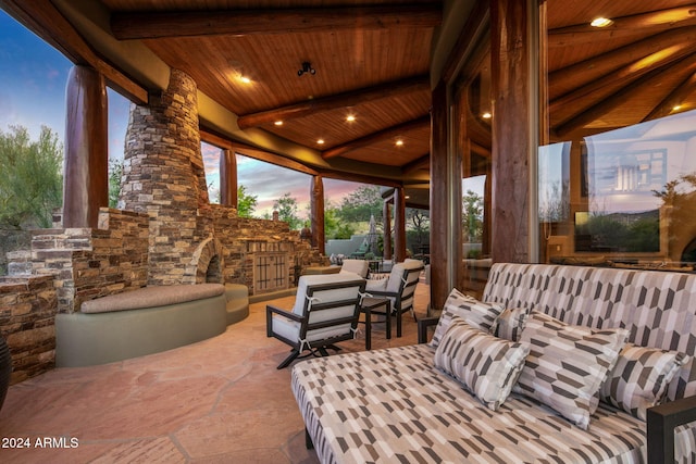 patio terrace at dusk with outdoor lounge area