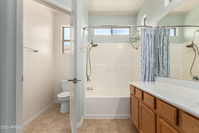 full bathroom featuring shower / bathtub combination with curtain, vanity, and toilet