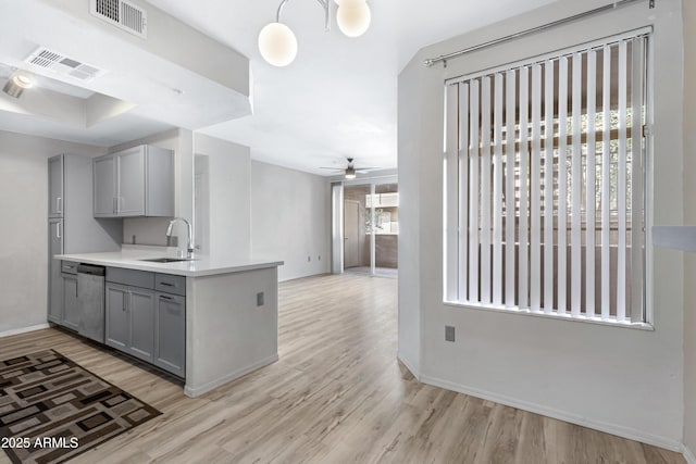 kitchen featuring gray cabinetry, dishwasher, sink, ceiling fan, and light hardwood / wood-style floors