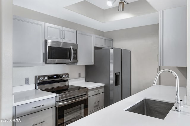 kitchen featuring stainless steel appliances, gray cabinets, and sink