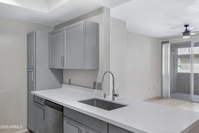 kitchen featuring ceiling fan, dishwasher, sink, kitchen peninsula, and gray cabinets