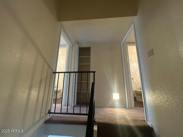 hallway featuring carpet floors and a textured wall