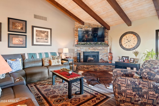 living area with visible vents, lofted ceiling with beams, wood finished floors, a fireplace, and wood ceiling