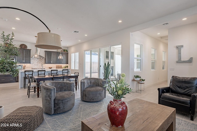 tiled living room with sink