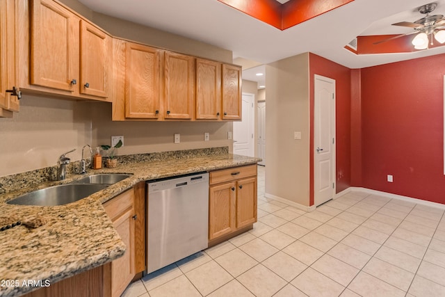 4202 N 21st St Unit 1, Phoenix, AZ 85016 - kitchen featuring stainless steel dishwasher, ceiling fan, light stone counters, and light tile patterned floors