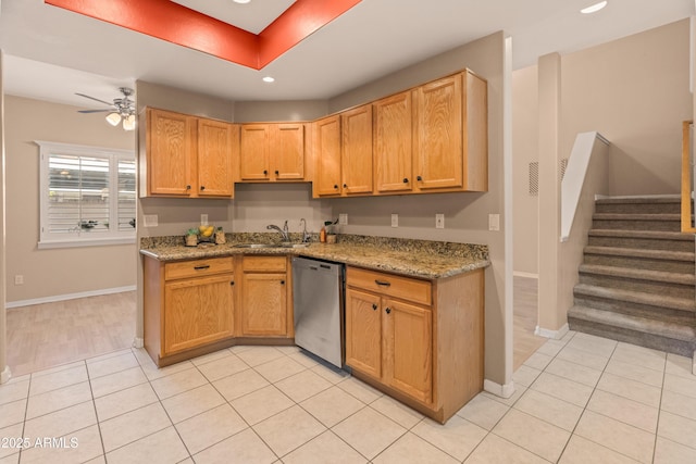 4202 N 21st St Unit 1, Phoenix, AZ 85016 - kitchen featuring stainless steel dishwasher, ceiling fan, light stone countertops, recessed lighting, and light tile patterned floors
