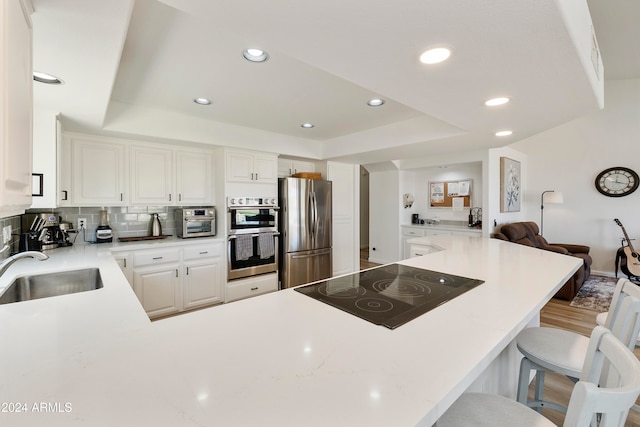 kitchen with tasteful backsplash, appliances with stainless steel finishes, a raised ceiling, sink, and a kitchen breakfast bar