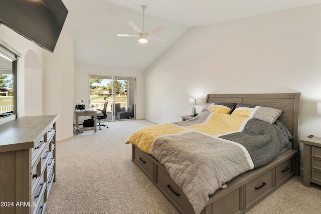 carpeted bedroom with ceiling fan, high vaulted ceiling, and access to outside