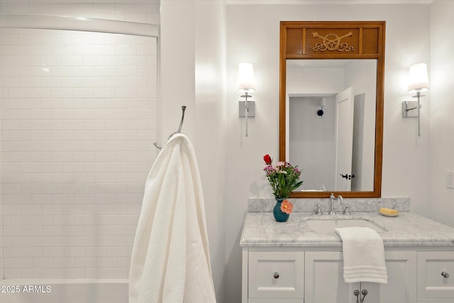 bathroom featuring vanity and shower / bath combination with curtain