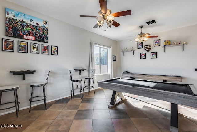 playroom featuring ceiling fan and billiards