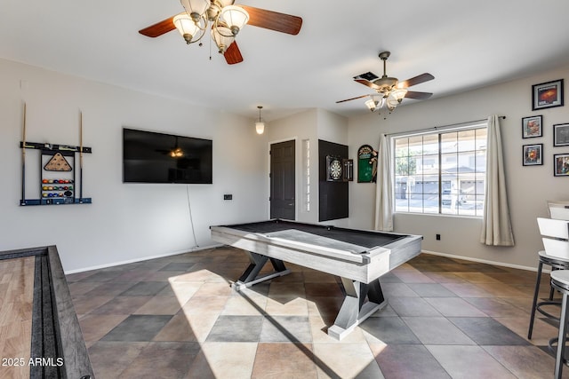 playroom with ceiling fan and billiards