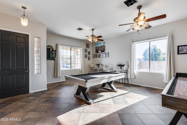 rec room featuring ceiling fan, billiards, and tile patterned floors