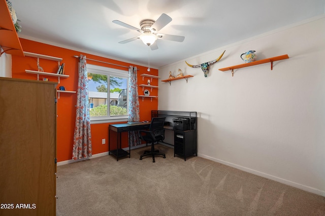 office space featuring ceiling fan, carpet, and baseboards