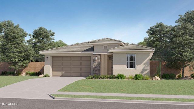 view of front facade featuring stucco siding, concrete driveway, a front yard, and fence