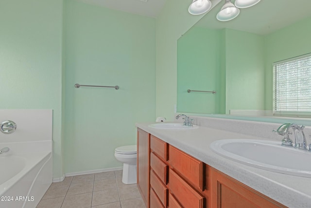 bathroom with tile patterned flooring, a bathing tub, toilet, and vanity