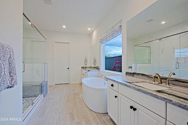 bathroom with separate shower and tub and vanity