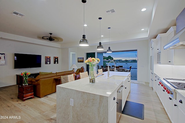 kitchen featuring an island with sink, pendant lighting, light hardwood / wood-style floors, white cabinets, and light stone counters