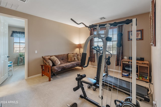 workout area with light colored carpet and plenty of natural light