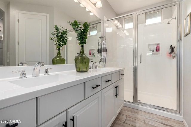 full bathroom featuring plenty of natural light, a stall shower, and a sink