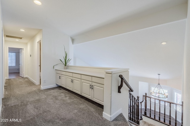 1311 N Congress Dr, Chandler, AZ 85226 - hall with an upstairs landing, carpet flooring, a chandelier, baseboards, and recessed lighting