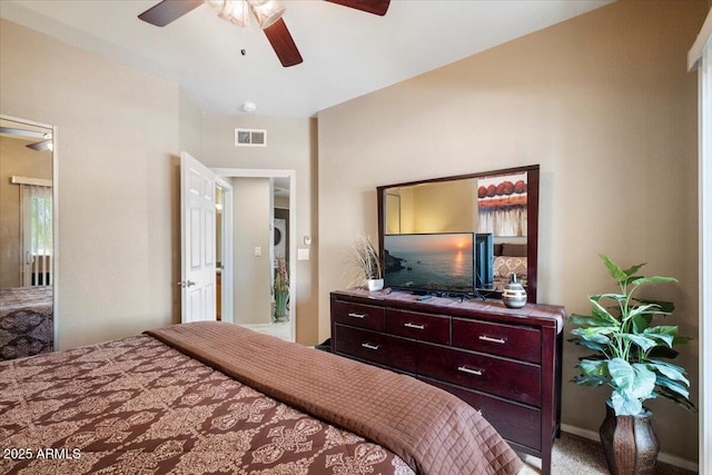 bedroom featuring carpet, visible vents, and ceiling fan