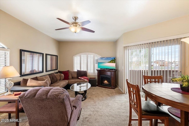 living room with carpet, ceiling fan, and a lit fireplace