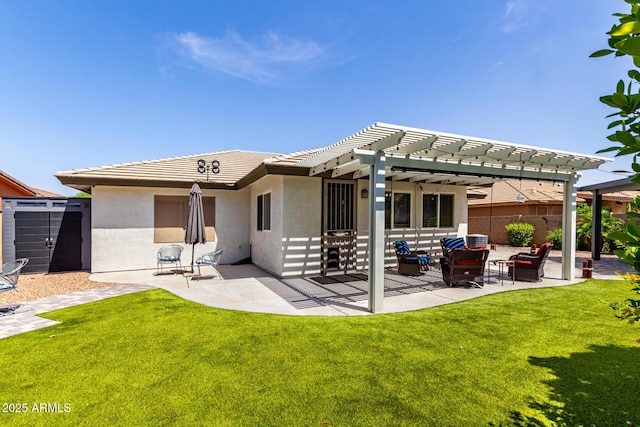 2910 S Olivewood, Mesa, AZ 85212 - rear view of house featuring a pergola, a patio, stucco siding, a tiled roof, and outdoor lounge area