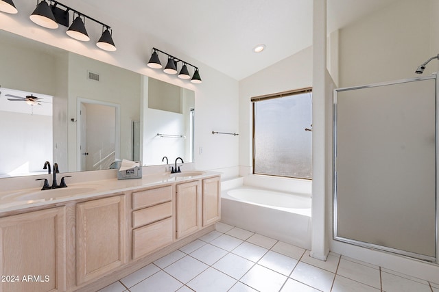 bathroom featuring independent shower and bath, ceiling fan, tile patterned floors, and lofted ceiling