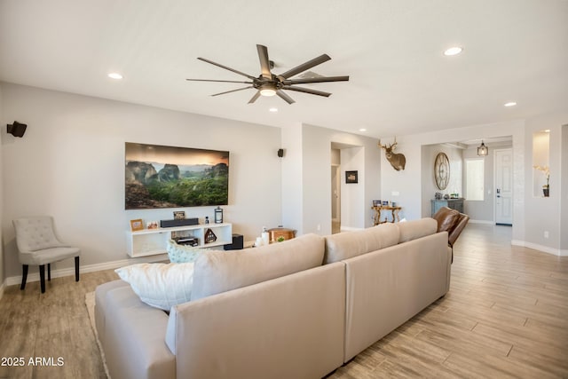 3523 W Rhapsody Dr, Sierra Vista, AZ 85650 - living room with recessed lighting, baseboards, a ceiling fan, and light wood finished floors