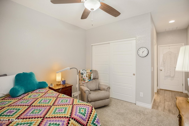 3523 W Rhapsody Dr, Sierra Vista, AZ 85650 - bedroom featuring ceiling fan, visible vents, carpet floors, baseboards, and a closet
